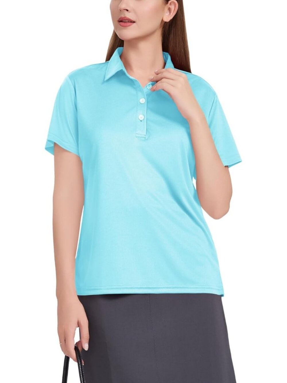 Women Light Lake Blue 4 Buttons UPF 50+ Short Sleeve Shirt Collar Quick Dry Top